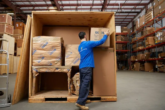 Loading a wooden storage vault in the warehouse