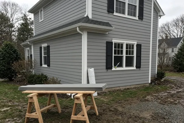 Helio GC crew finishing fiber-cement siding and white trim on a Connecticut cape