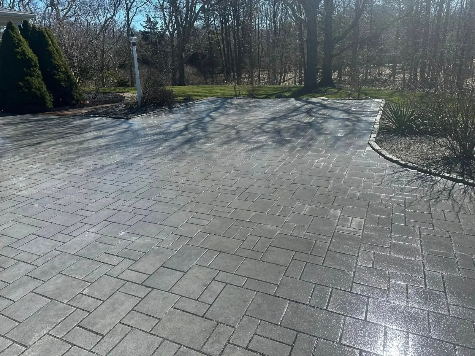 Gray brick driveway with wet surface reflecting sunlight. Trees and bushes in the background.