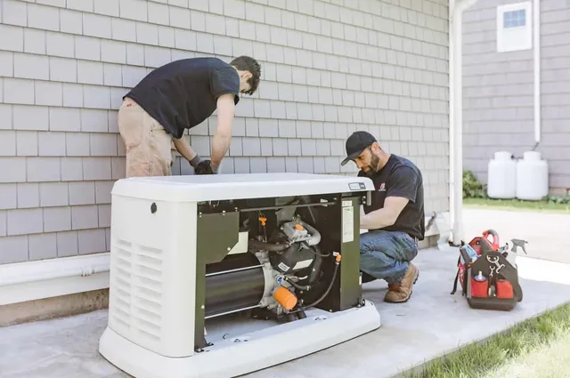 Two technicians from PE Home Generators install a standby generator outside a house.
