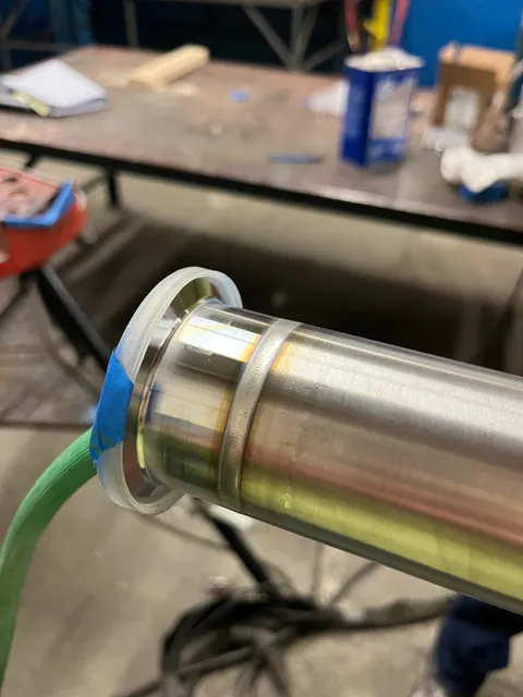 Close view of a precise weld on stainless steel tube