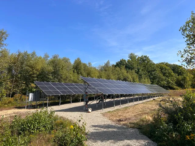 Solar panel installation in a natural setting with trees and a clear blue sky.