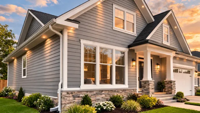 Modern gray house exterior with stone accents, well-lit entryway, and landscaped garden, showcasing quality roofing and siding services by Crown Roofing.