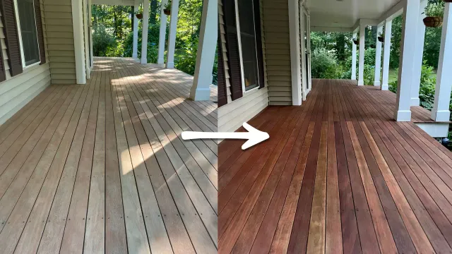Before and after image of a deck restoration project showcasing transformed weathered wood into rich mahogany tones, highlighting professional deck staining and power washing services by Handymasters Painting Co.