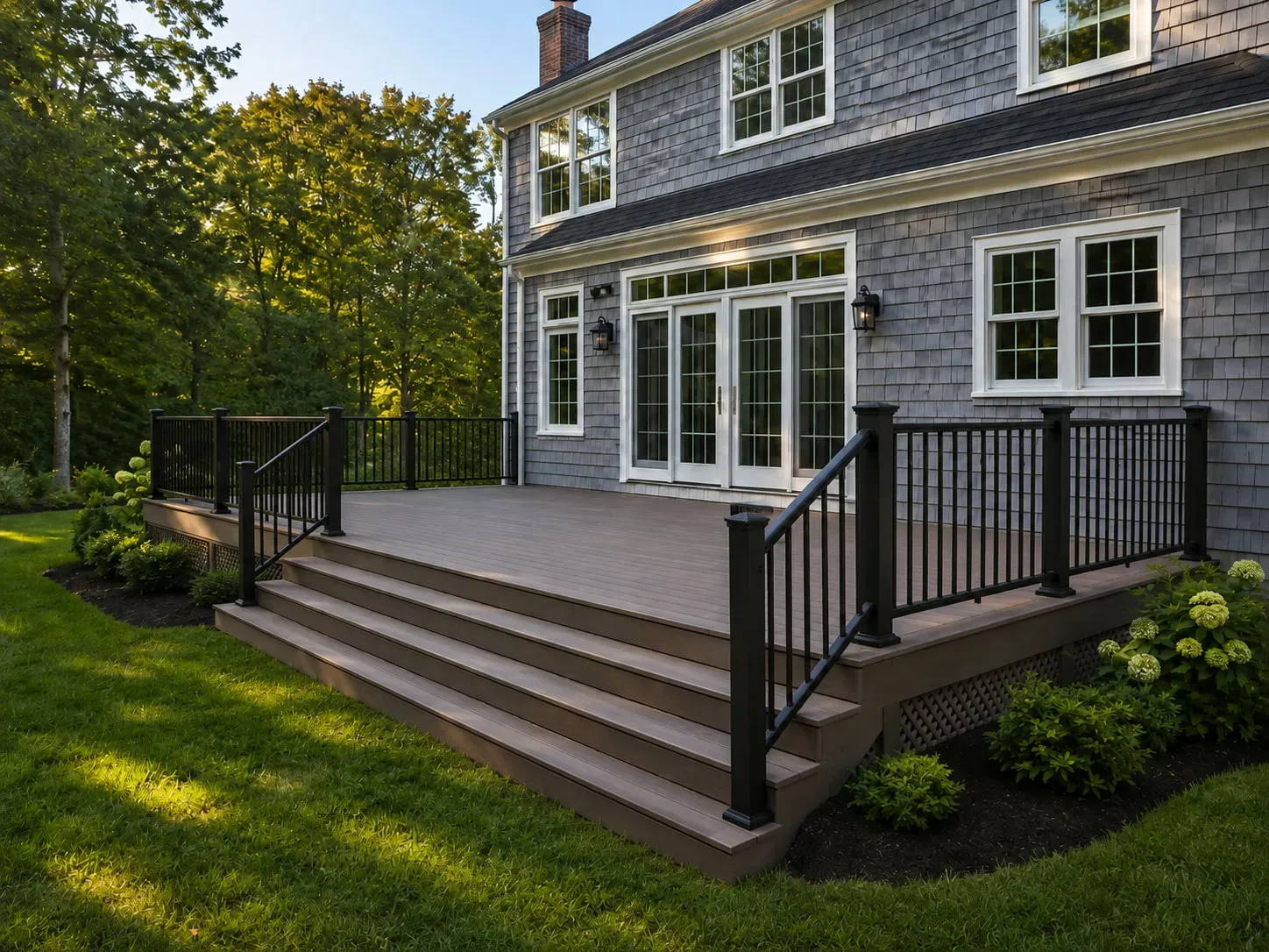 Composite deck with wide stairs built onto a grey shingled home