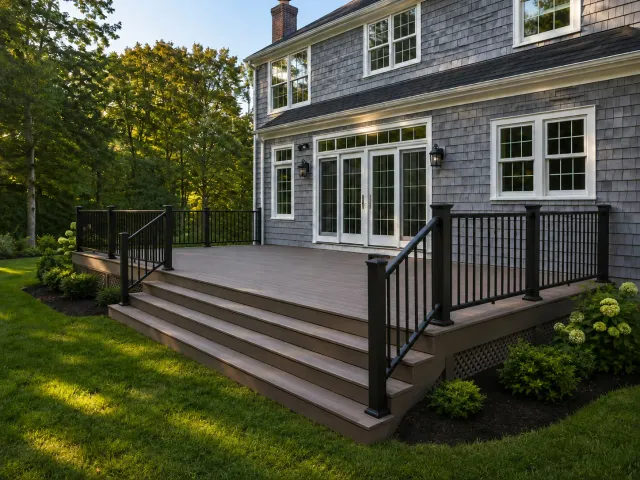 Composite deck with wide stairs built onto a grey shingled home