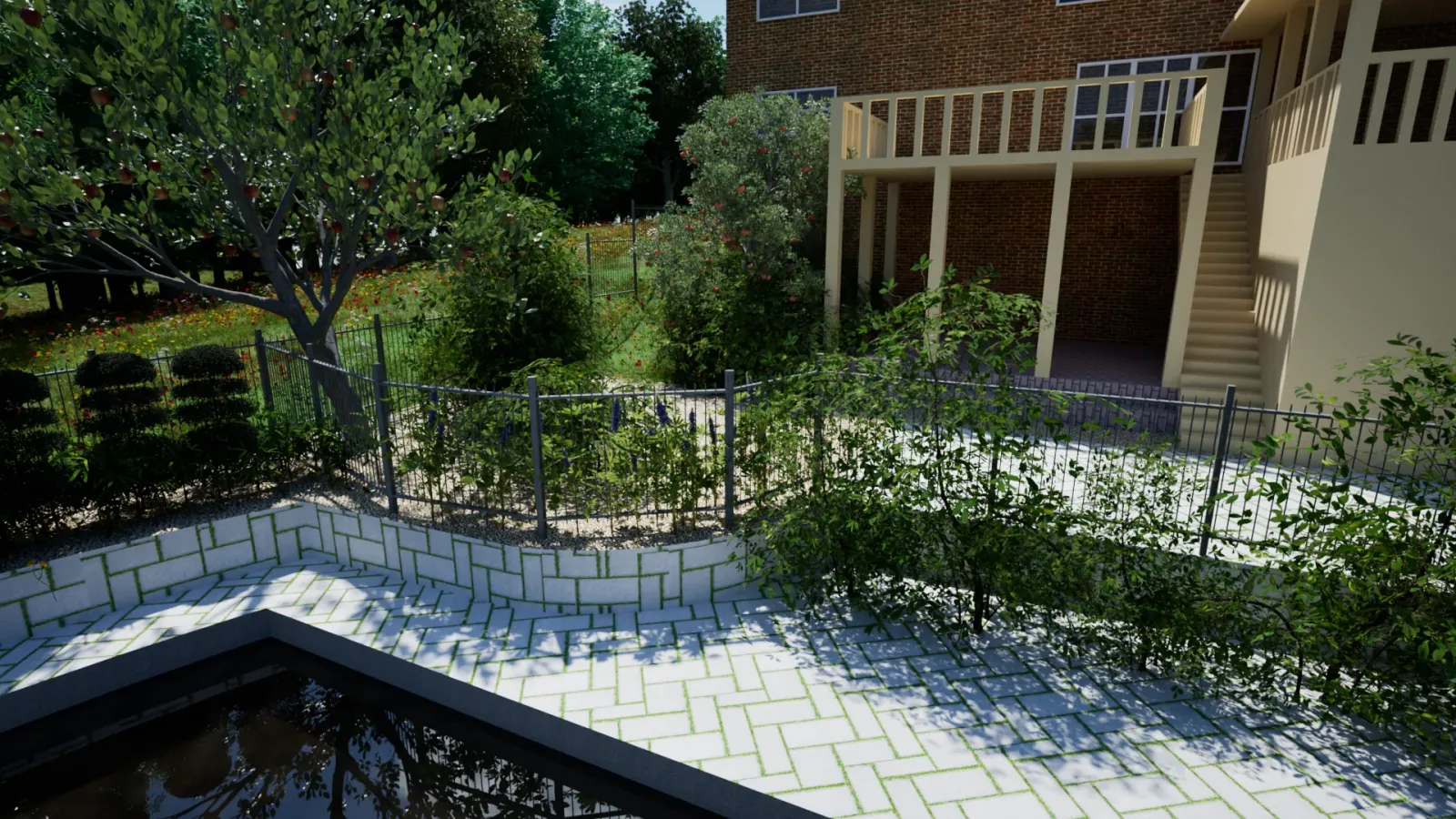 Pool surrounded by fruit trees and edible beds