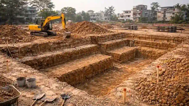 Excavation equipment performing trenching and foundation work