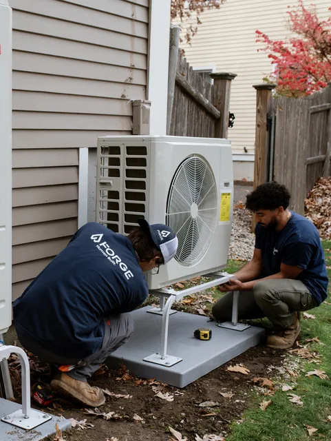 Forge HVAC tech servicing an outdoor condenser