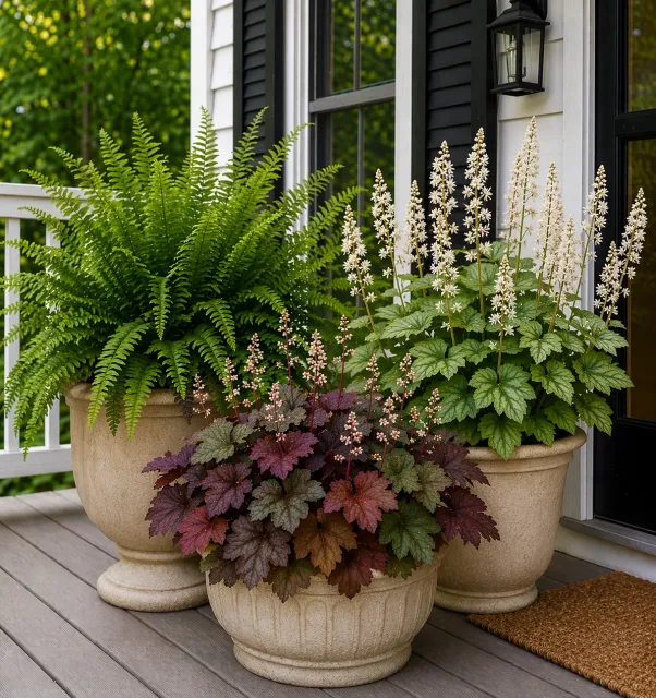 Three decorative potted plants with green and burgundy foliage on a front porch. The Green Porch Co Shade Sanctuary Guide for container gardens in full shade.