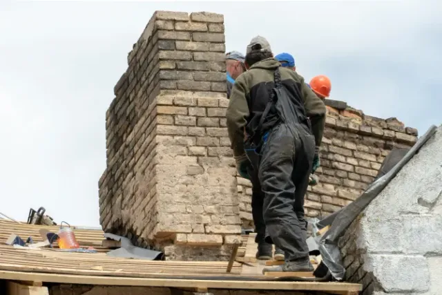 Chimney sweep portland maine-Workers on a rooftop inspect a decaying brick chimney during construction.
