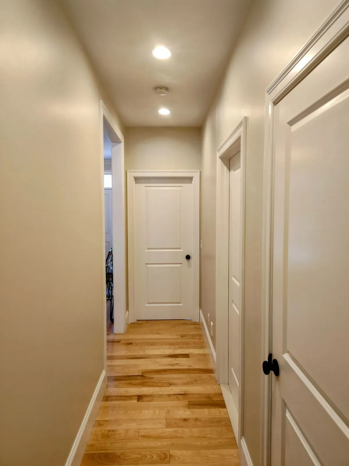 A long hallway with hardwood floors and white doors