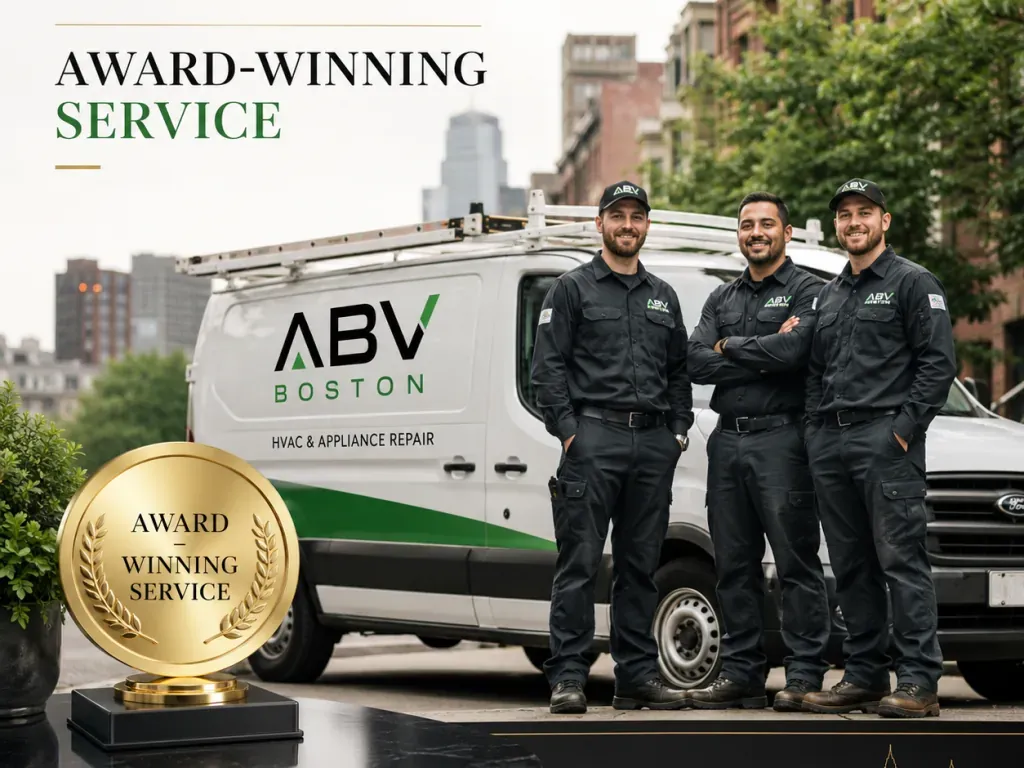 ABV Boston technicians by the service van with an award-winning service badge