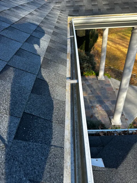 Clear gutter after cleaning on a wooded property roofline