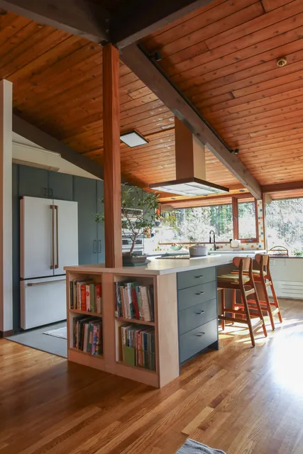 Blue kitchen using Medex and maple Europly acorn deck house mcm modern kitchen green waxed plywood cabinets light blonde wood plywood cabinets