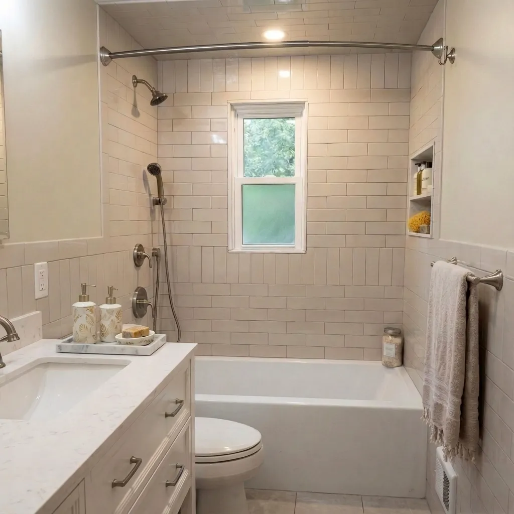 Bathroom with a bathtub and shower, small window, white tile walls, white vanity with marble top, soap and lotion bottles, soap dish, towel rack with a white towel, scent jar, and built-in wall shelf with toiletries.