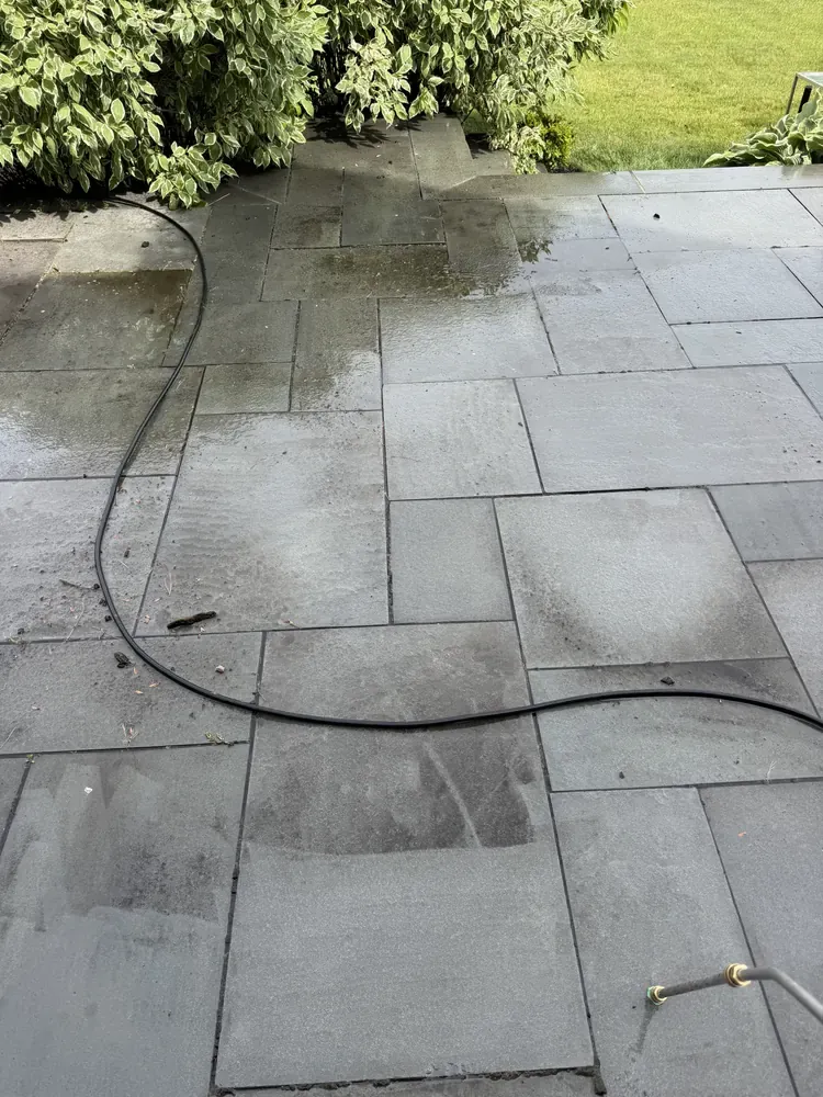 Completed gray stone paver patio