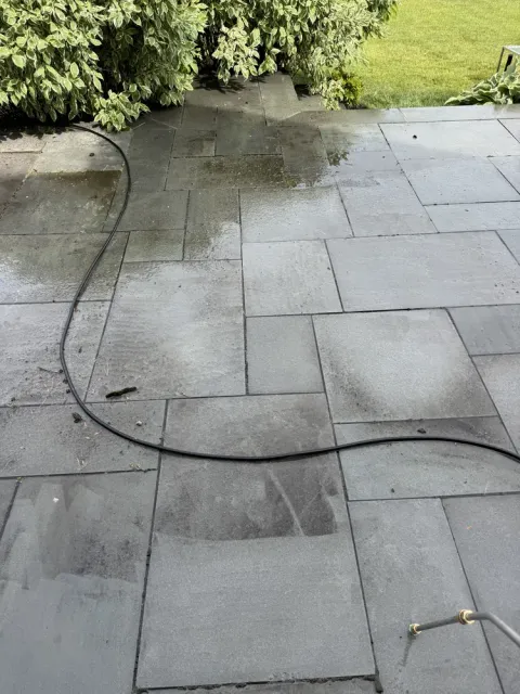 Completed gray stone paver patio