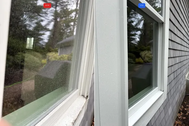 Exterior window cleaning before and after spotted glass restored to crystal clear shingle home Massachusetts South Shore