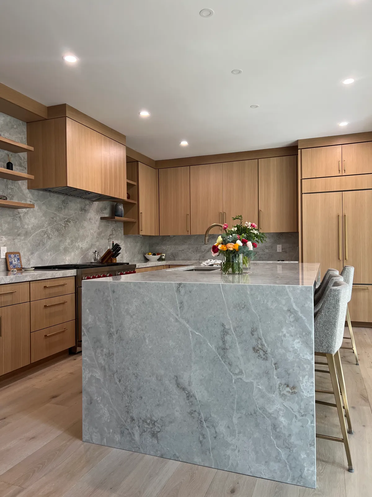Open Concept Kitchen with Marble Backsplash in Natick, MA