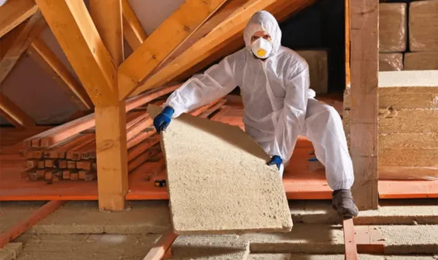 Expert insulation specialist from Ct Insulation services with insulation panel in hand in the attic