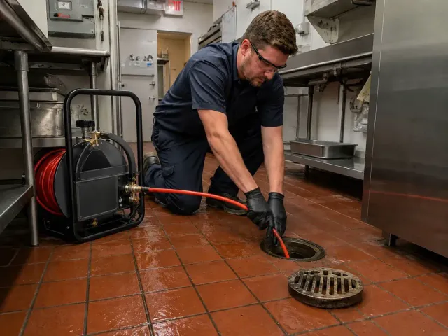 Johnson Bros technician hydro jetting a commercial floor drain