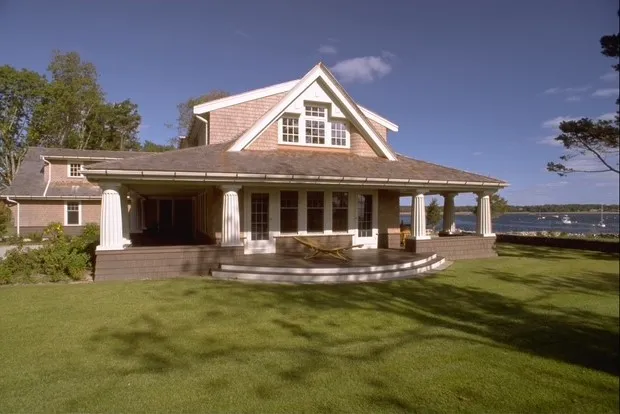 Mattapoisett coastal shingle-style home with wraparound porch and water views built by Chilton Development