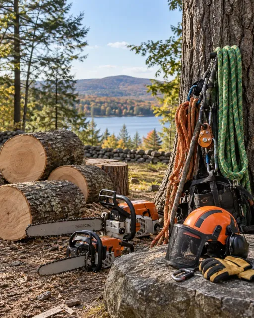 Tree-care ropes and tools arranged at a New Hampshire job site