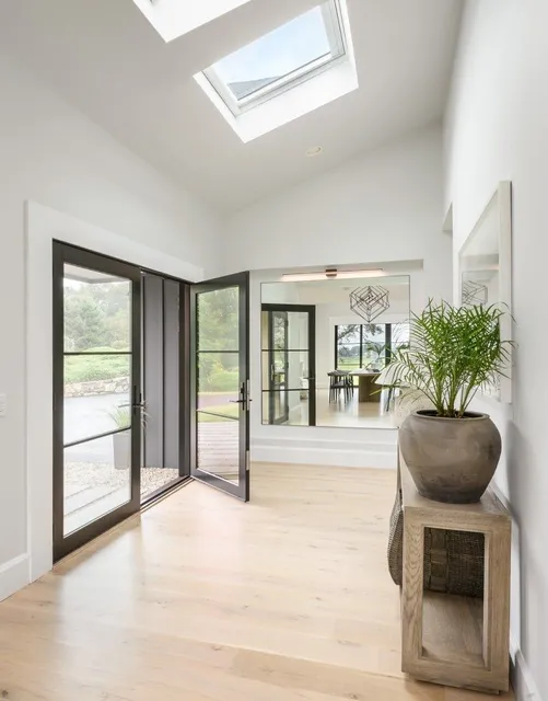 Bright modern entryway with open glass doors, skylight, light wood floors, and potted plants