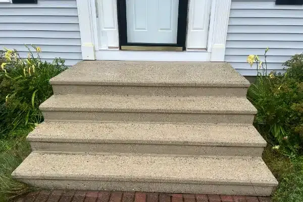 After: Concrete steps leading up to a front door, surrounded by green plants and yellow flowers.