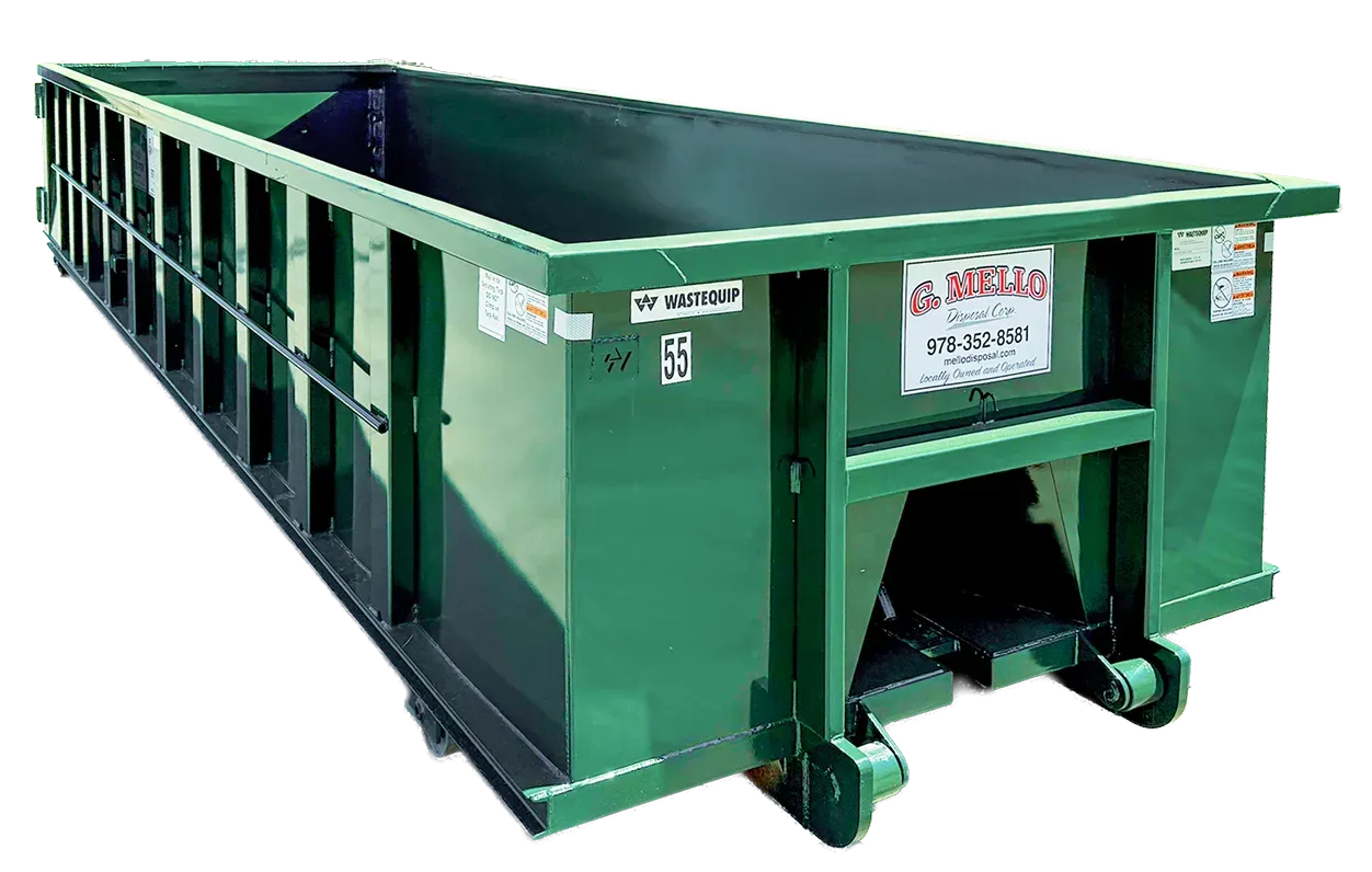 Roll-off container with G. Mello branding and 978-352-8581