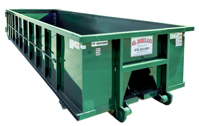Roll-off container with G. Mello branding and 978-352-8581
