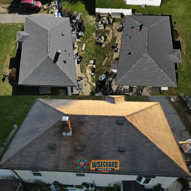 A comparison showing the top-down and slanted views of a grey shingled residential roof before and after cleaning.