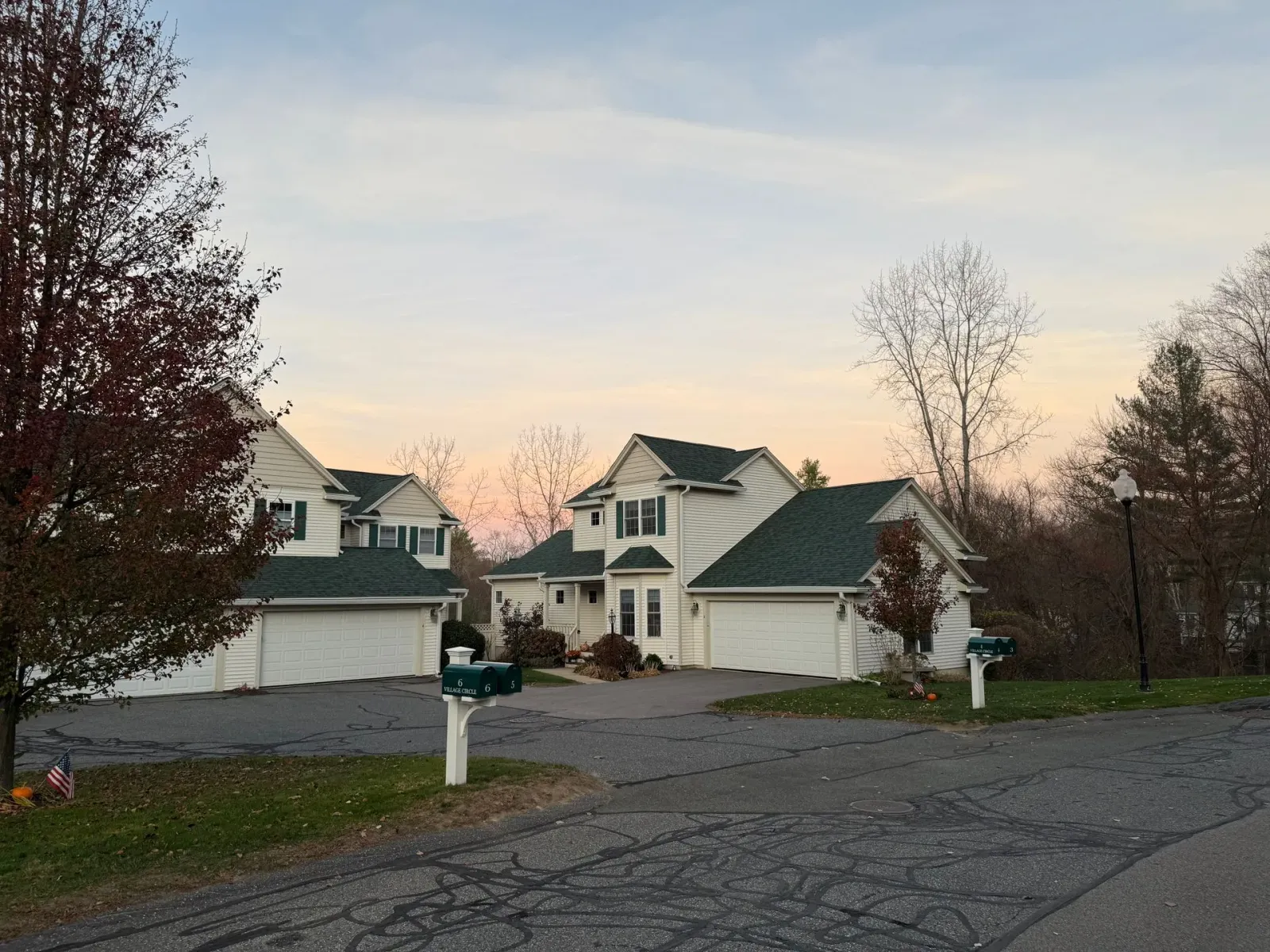 Suburban homes with garages and leafless trees at dusk, viewed from a driveway and street.