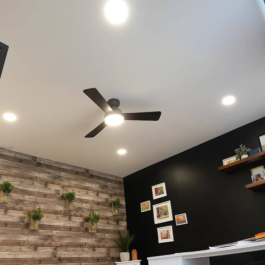 4 recessed lights installed with a ceiling fan in the middle in lowell ma
