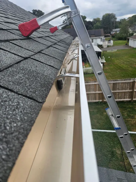 A person is cleaning a gutter of leaves on a roof.