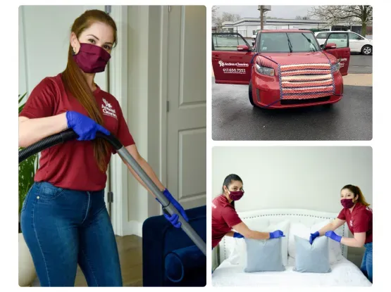 A professional cleaner vacuuming a couch, a branded company vehicle, and two cleaners making a bed, all representing Andreia’s Perfection Cleaning team.