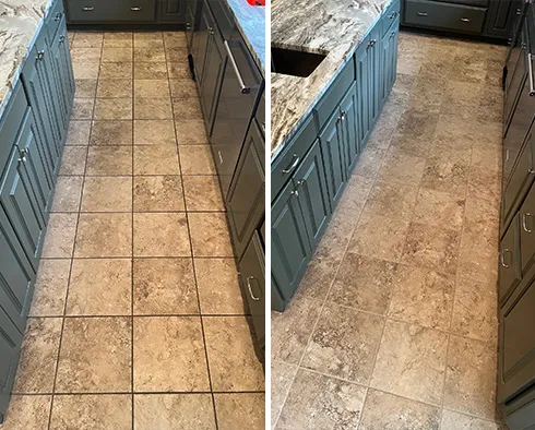 Tile Floor Before and After a Grout Cleaning in Hopkinton