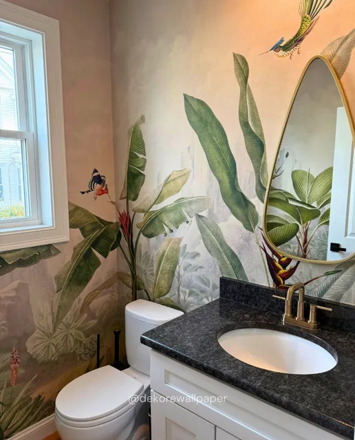 Professionally installed wallpaper in a Massachusetts bathroom