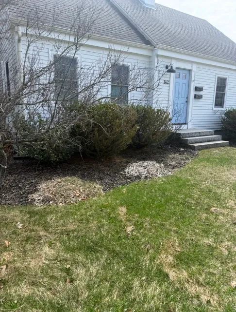 Front yard with green grass, bare shrubs, and a small garden bed next to a white house with a light blue door, three stairs leading up to it, and two black mailboxes.