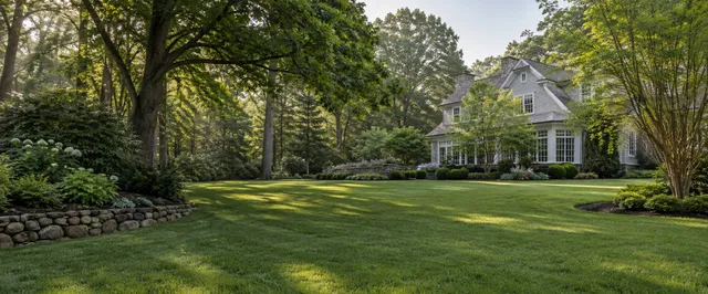 Maintained estate landscape with mature trees, lawn, stonework and planting beds