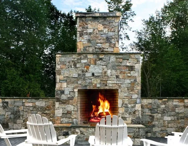Outdoor stone fireplace and patio — Vascontractors, Fairfield County CT masonry contractor