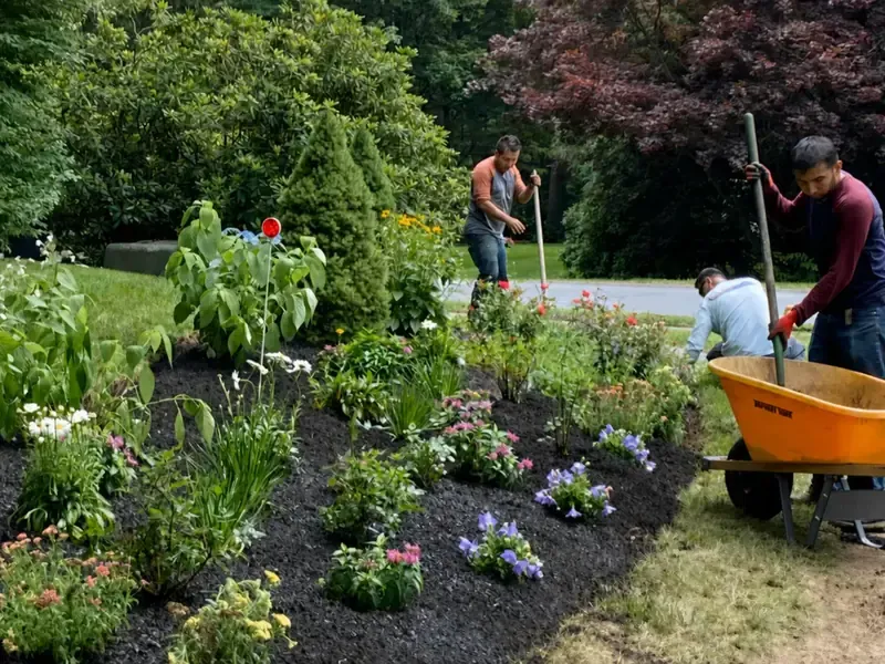 Mr. Oliveira Landscaping crew carefully tending a freshly planted and mulched garden bed