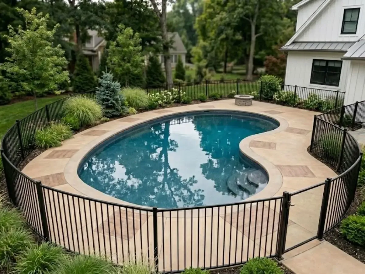 Ornamental aluminum pool fencing in West Newbury, Massachusetts, protecting a backyard pool with a lifetime workmanship warranty.