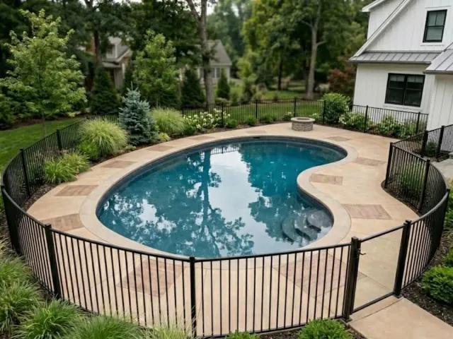 Ornamental aluminum pool fencing in West Newbury, Massachusetts, protecting a backyard pool with a lifetime workmanship warranty.