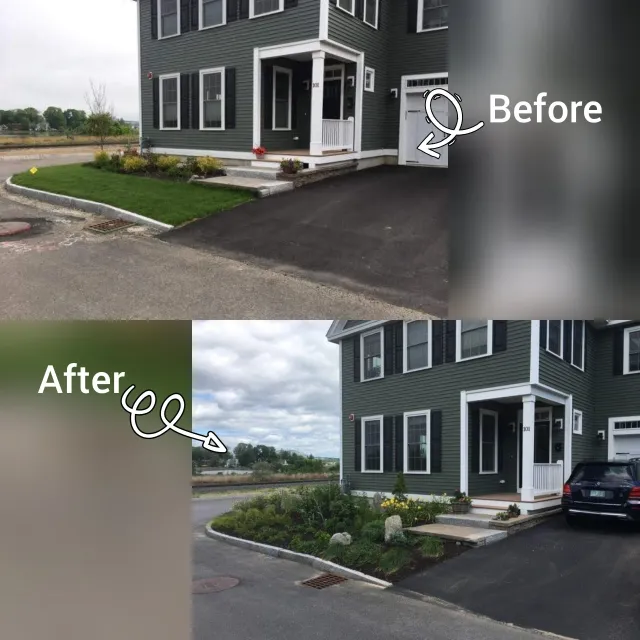 Location: Portsmouth NH  House had an existing foundation planting very tight to the house, the rest of the property was lawn on a very severe slope.  Clients asked for a place to entertain, a nook to enjoy quiet moments and coffee, a small area for