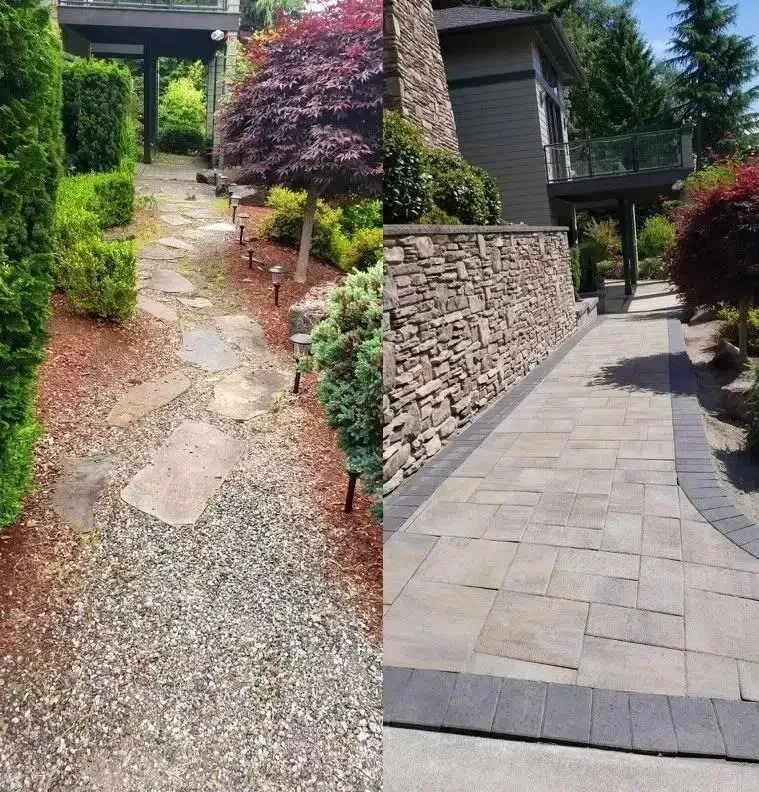Before-and-after walkway: gravel path transformed into a paved stone path beside a garden and stone wall.