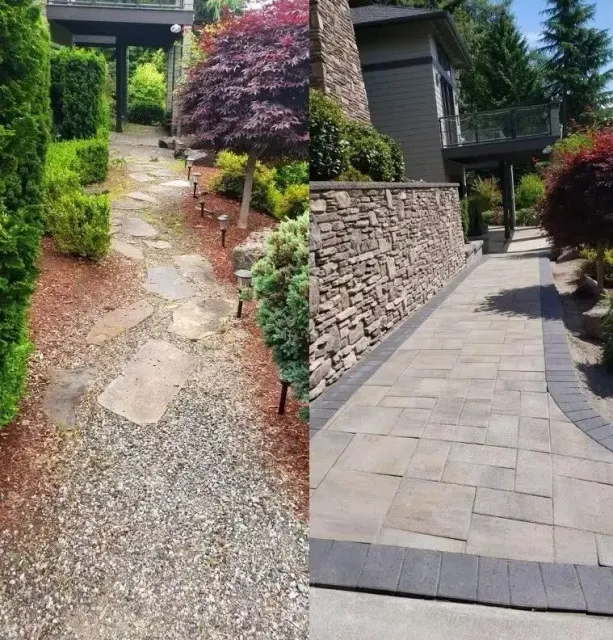 Before-and-after walkway: gravel path transformed into a paved stone path beside a garden and stone wall.