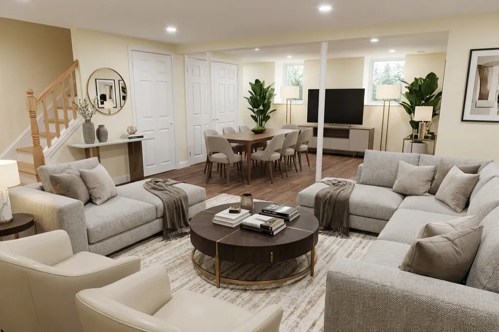 Modern living room with a large sectional sofa, an armchair, a round coffee table, a TV on a stand, and dining area in the background with a dining table and chairs. Decor includes plants, lamps, and wall art.