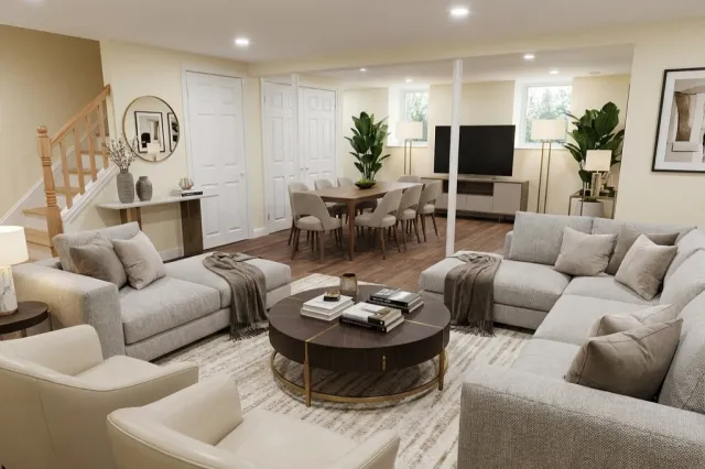 Modern living room with a large sectional sofa, an armchair, a round coffee table, a TV on a stand, and dining area in the background with a dining table and chairs. Decor includes plants, lamps, and wall art.